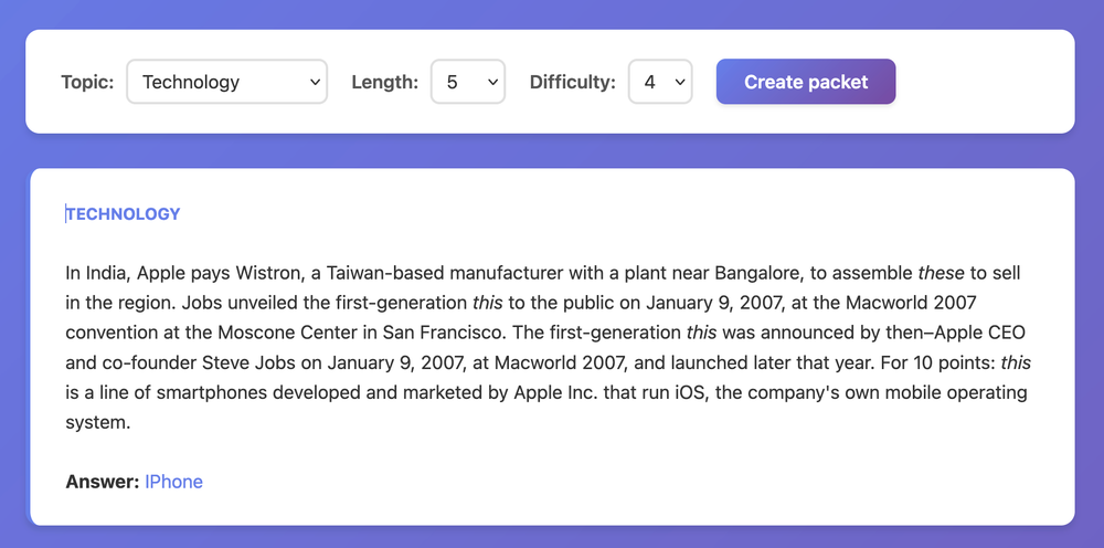 Wikipedia Quiz Bowl Generator Screenshot